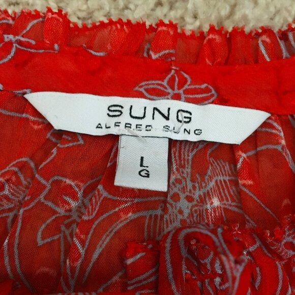 ALFRED SUNG Orange and Grey Floral Voile Sleeveless Tie Up Blouse - Picture 9 of 14